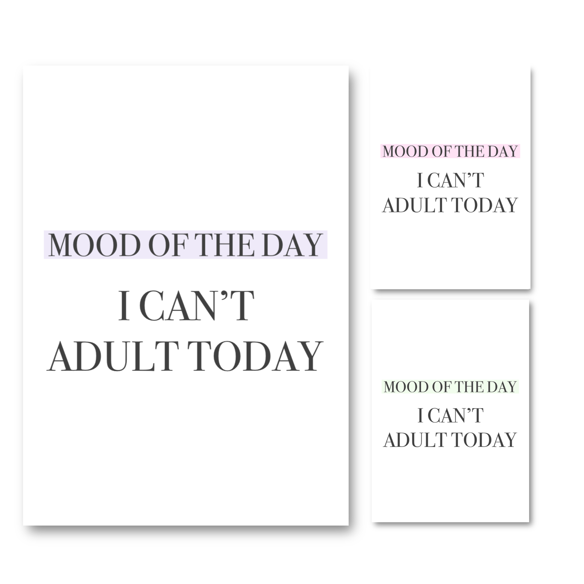 Main product preview for Gypsy Soul Doll showing the purple gradient block version of the Mood Of The Day I Can't Adult Today typography prints next to pink and green variants.
