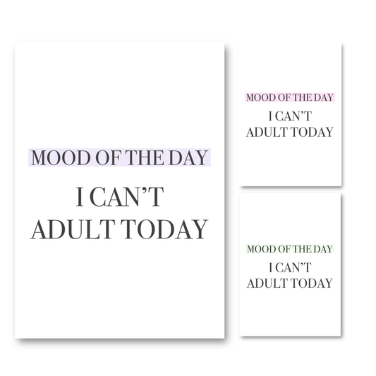 Main product preview for Gypsy Soul Doll showing the purple gradient block version of the Mood Of The Day I Can't Adult Today typography prints next to pink and green variants.