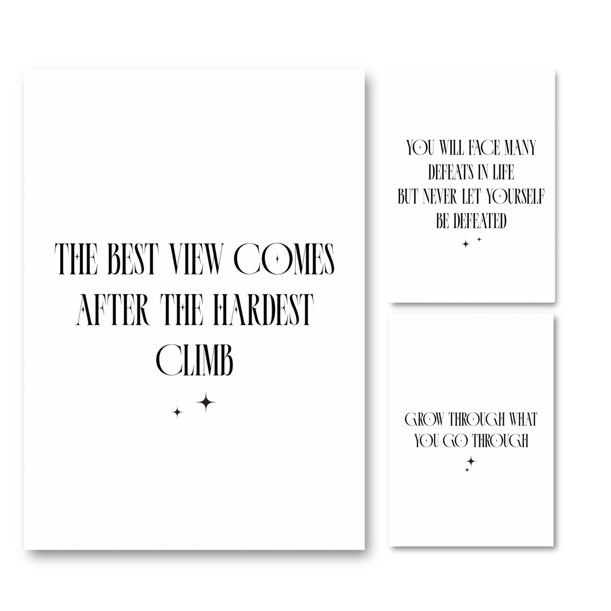 Motivation and Inspiration typography A4 poster print trio featuring high-contrast black motivational quotes for babe cave wall art by Gypsy Soul Doll.