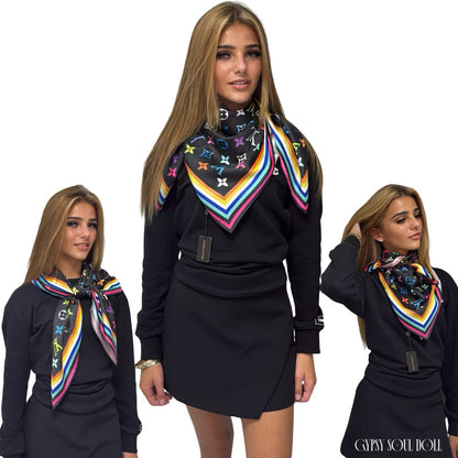 Multi-way satin classy fashion scarf featuring a colourful monogram pattern and geometric border, styled three different ways as an elegant neck wrap and shoulder accessory on a model.