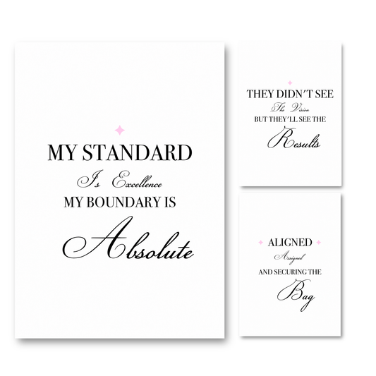 Three poster prints with black text and small pink accents, arranged on a white background. The large print reads 'MY STANDARD Is Excellence MY BOUNDARY IS Absolute,' and the two smaller posters contain additional motivational Girl Boss quotes by Gypsy Soul Doll.