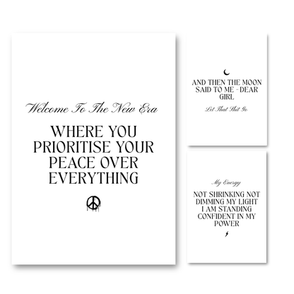 Set of three minimalist black and white typography prints featuring quotes about prioritising peace, crescent moon reflections, and standing confident in your power.