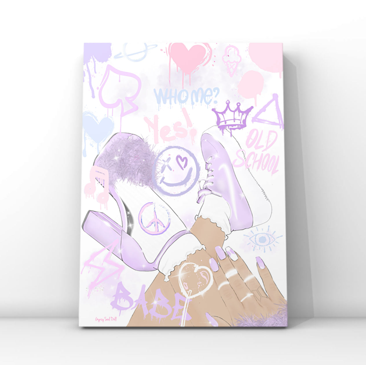 Pastel Y2K fashion pop art print featuring an illustration of lilac platform heels, chunky trainers, and manicured hands layered with graffiti spray text reading Old School, Babe, and Who Me.