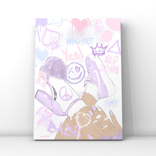 Pastel Y2K fashion pop art print featuring an illustration of lilac platform heels, chunky trainers, and manicured hands layered with graffiti spray text reading Old School, Babe, and Who Me.