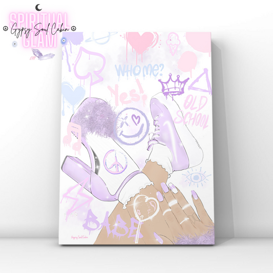Pastel Y2K fashion pop art print featuring an illustration of lilac platform heels, chunky trainers, and manicured hands layered with graffiti spray text reading Old School, Babe, and Who Me.