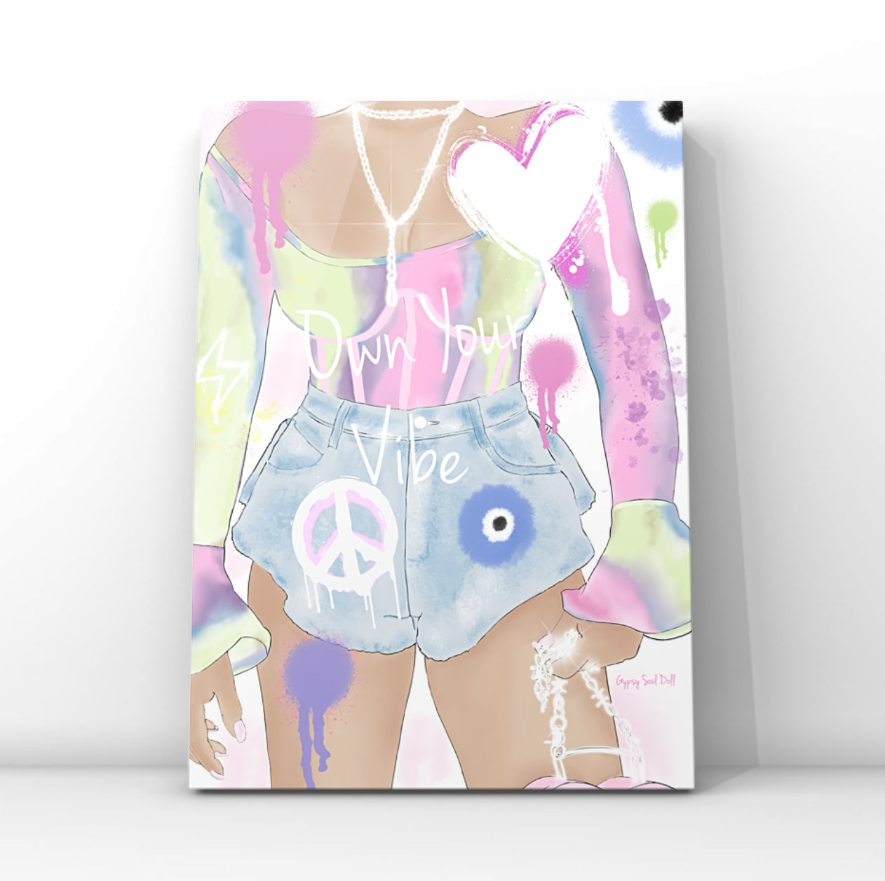 Pastel pop art print featuring an illustrated Y2K style girl wearing a tie-dye top and denim shorts, layered with dripping graffiti text that reads "Own Your Vibe," a peace sign, and an evil eye.Y2K-style.
