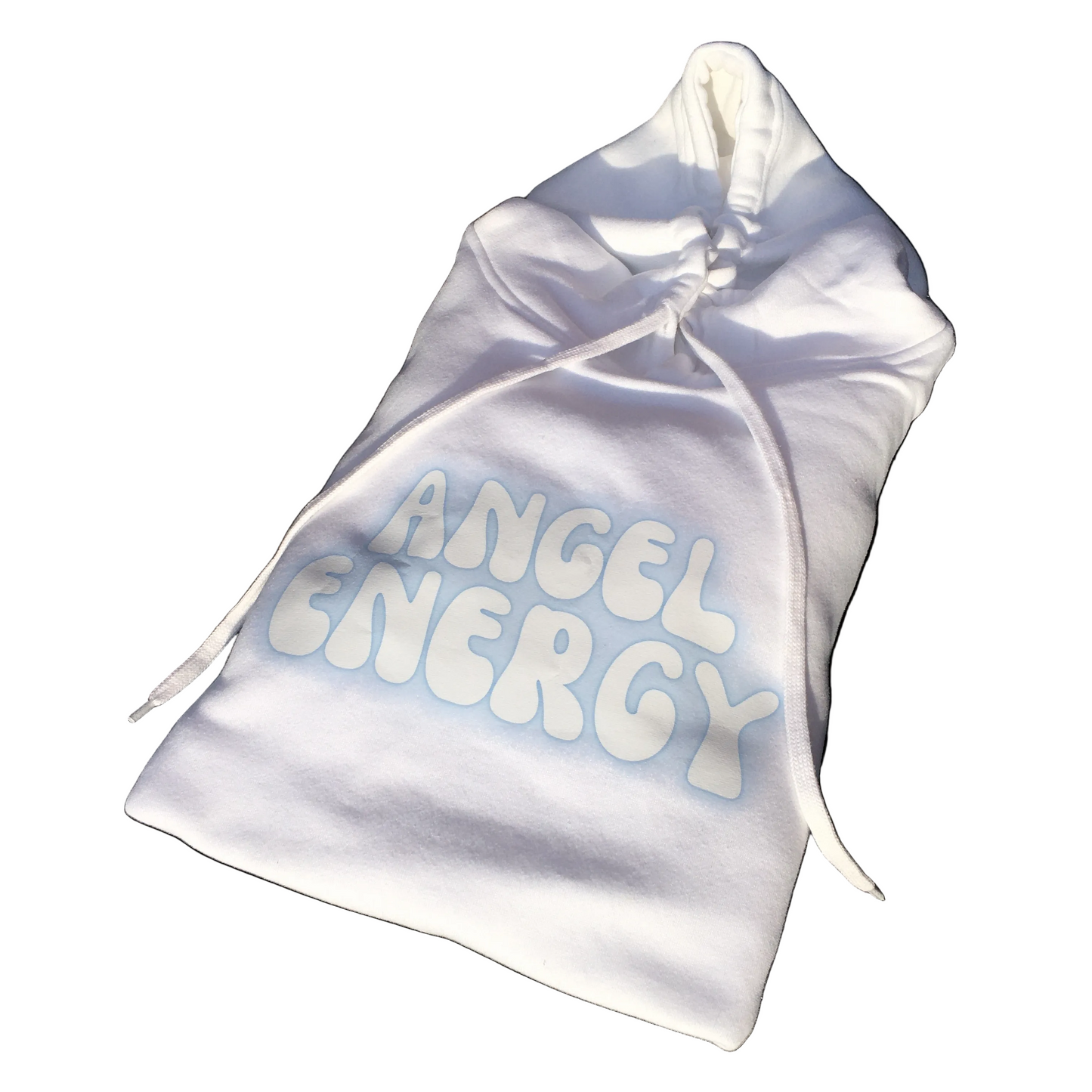 A white drawstring pouch with the words 'ANGEL ENERGY' printed in a bubbly light blue and white font on the front, set against a plain white background.
