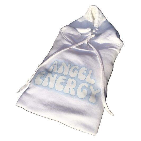 A white drawstring pouch with the words 'ANGEL ENERGY' printed in a bubbly light blue and white font on the front, set against a plain white background.