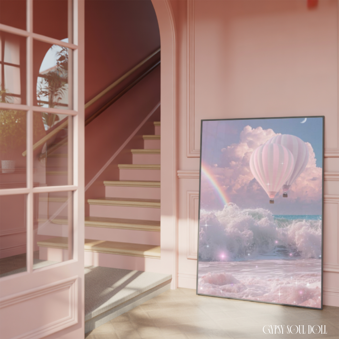 Staircase with a pink wall and a large framed artwork of hot air balloons and a rainbow.