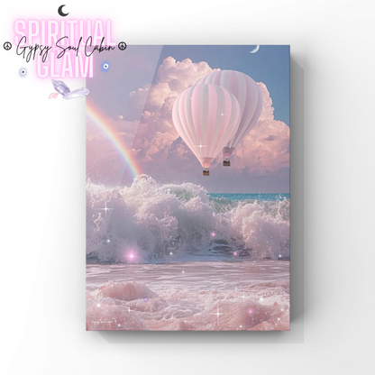 Whimsical surrealist print featuring two pink hot air balloons flying through pink fluffy clouds above crashing sea waves with a rainbow and magical star sparkles.