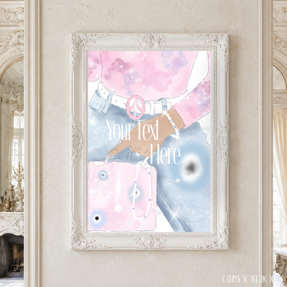 A framed pastel art print hanging on a classy beige wall in an ornate room. The print shows a stylised illustration of a woman in a pink and blue outfit with a peace sign, a pink handbag, and the text 'Your Text Here' in the centre, by Gypsy Soul Doll.