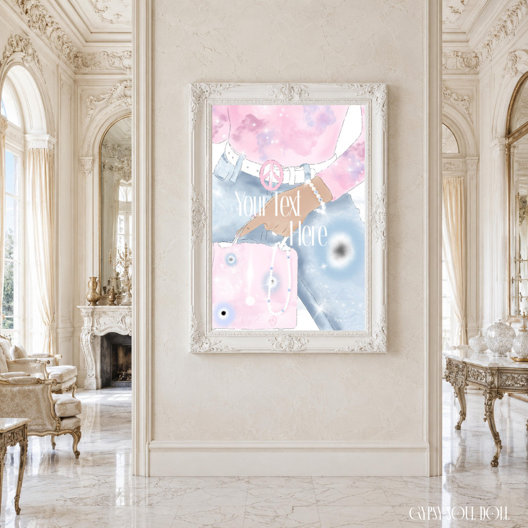 A framed custom watercolor art print featuring a pink and blue celestial design with placeholder text, displayed on a cream-colored wall in an elegant, ornate room.