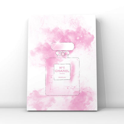 Glamorous A4 fashion wall art print featuring a pink Chanel perfume bottle design with subtle sparkles on a white background.