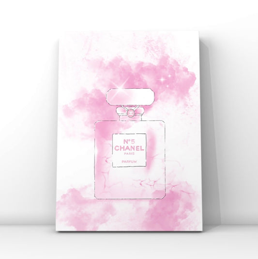 Glamorous A4 fashion wall art print featuring a pink Chanel perfume bottle design with subtle sparkles on a white background.