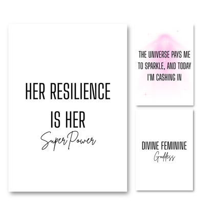 Set of three minimalist typography wall art prints with pink aura accents, featuring quotes about female resilience, cashing in your sparkle, and divine feminine goddess energy.