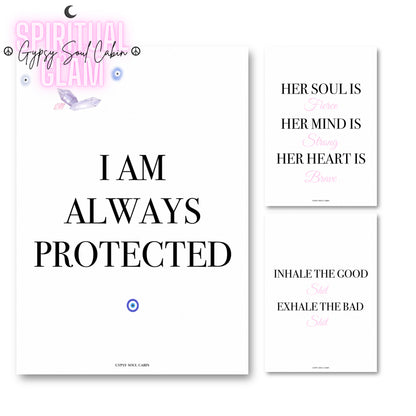 Set of three minimalist typography wall art prints featuring I Am Always Protected evil eye art, alongside soft pink versions of Her Soul Is Fierce and Inhale The Good Shit.