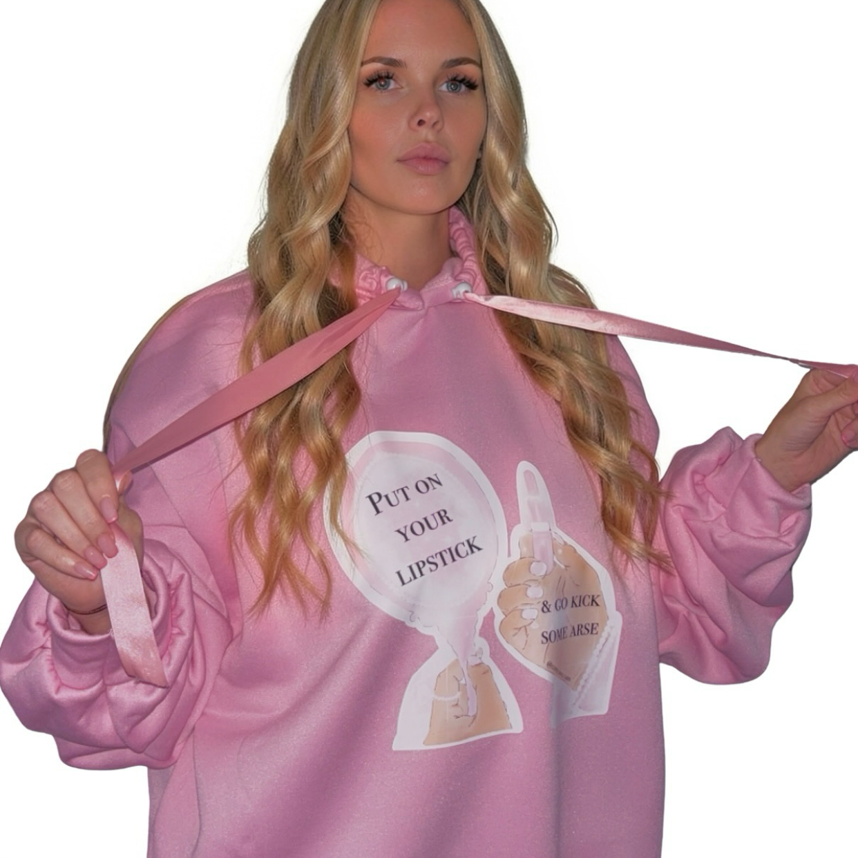 Pink Scrunched Sleeve Hoodie | Put On Your Lipstick Art