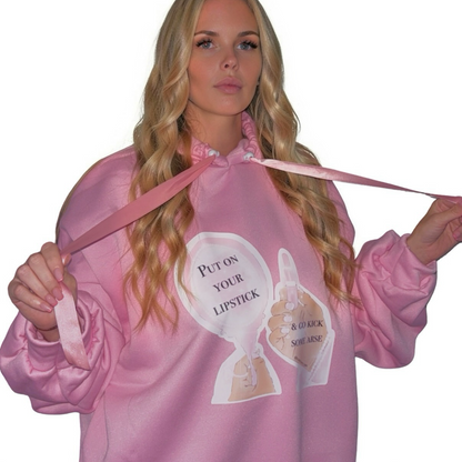 Pink Scrunched Sleeve Hoodie | Put On Your Lipstick Art