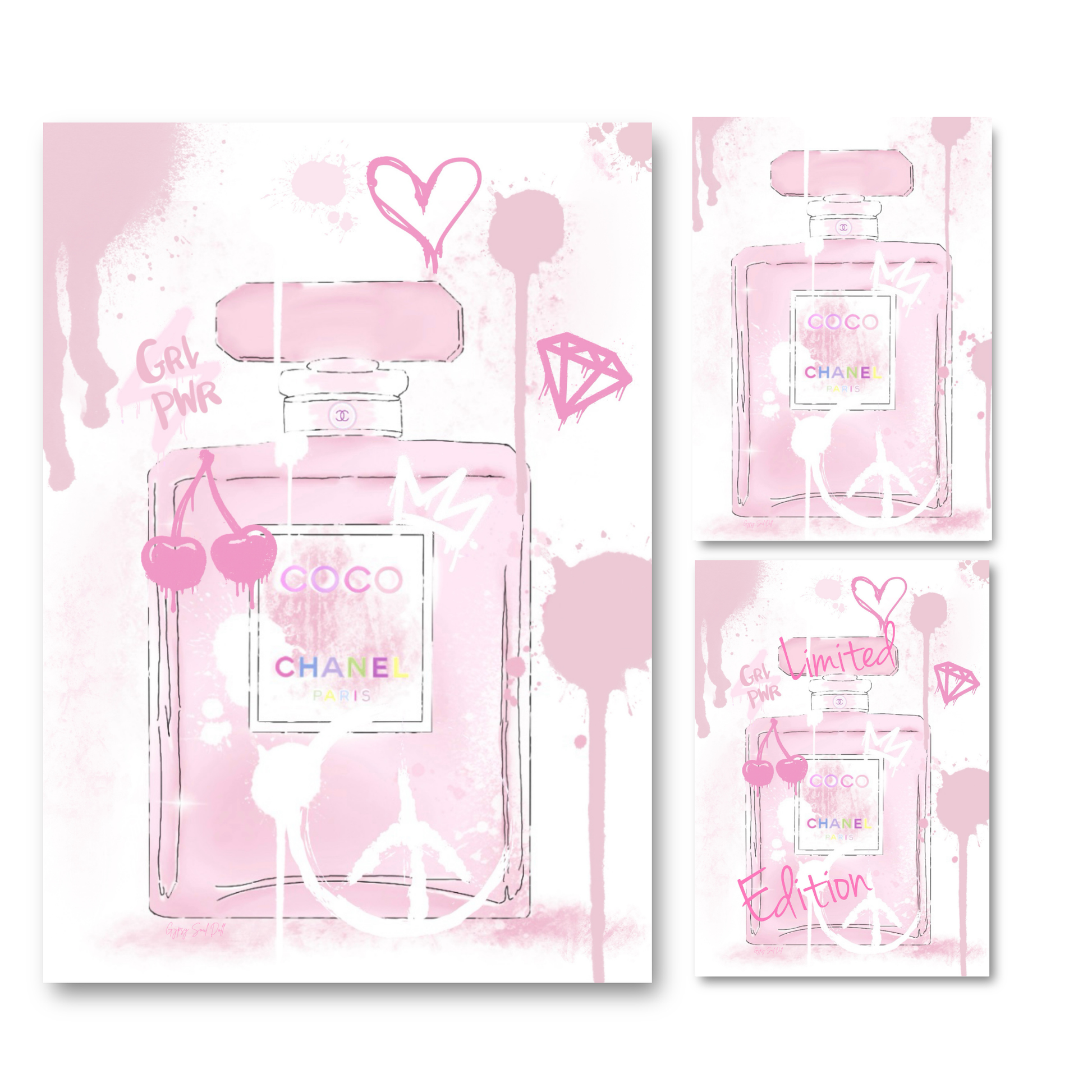 Three vertical art prints featuring a pink watercolor-style Chanel perfume bottle with decorative pink scribbles, hearts, cherries, and a diamond on a white background.