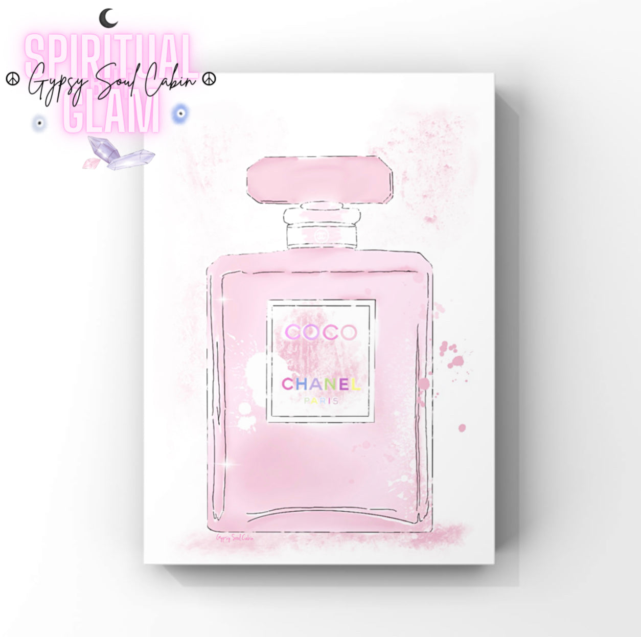 Four illustration A4 fashion prints featuring pink designer perfume bottles accented with chic watercolour splashes, graffiti hearts, and sparkling star details.