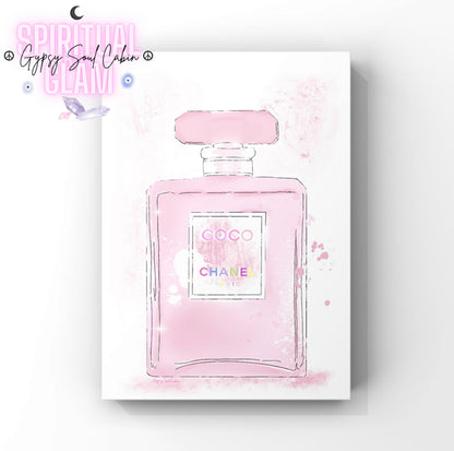 Four illustration A4 fashion prints featuring pink designer perfume bottles accented with chic watercolour splashes, graffiti hearts, and sparkling star details.