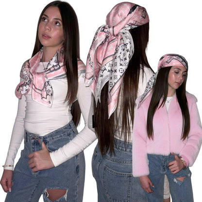 Model demonstrating three ways to style a pink and white monogram luxury satin scarf as a hair wrap, neck accessory, and paired with a faux fur coat.