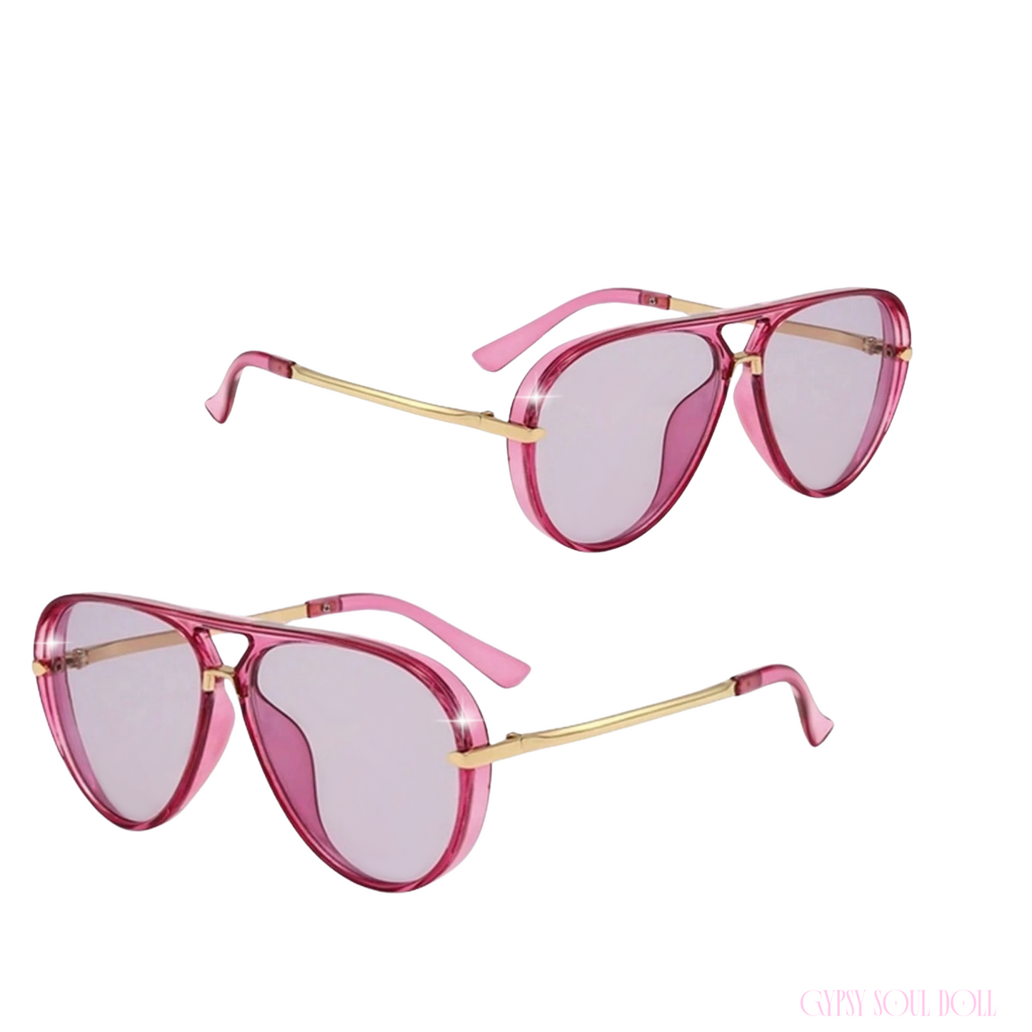 Studio product shot showcasing a pair of translucent pink aviator fashion sunglasses with gold metal arms from two different angled perspectives.