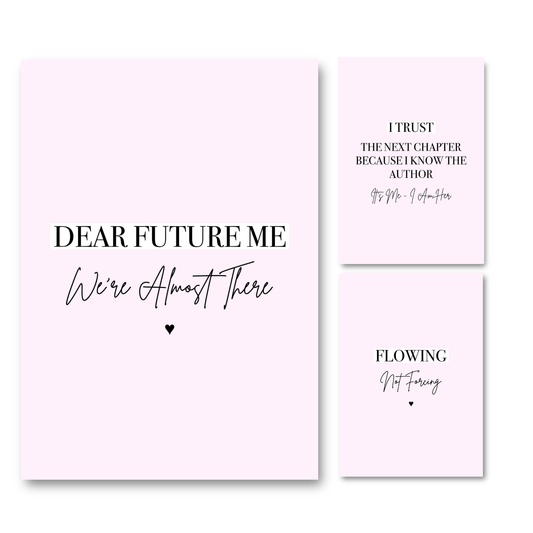 Trio of three minimalist soft pink wall art prints featuring bold black typography with quotes about trusting your future self and flowing instead of forcing.
