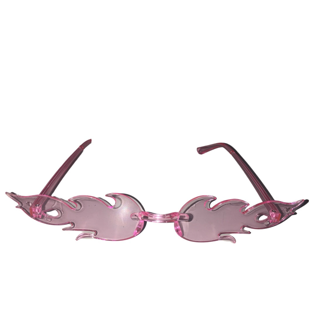 Pink novelty flame-shaped fashion glasses with translucent pink lenses and matching temples, shown against a plain white background.