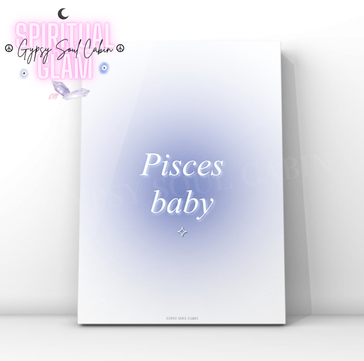Gypsy Soul Cabin Pisces baby blue gradient aura art print with aesthetic spiritual typography and a vibrant blue energy design.