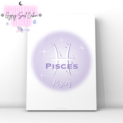 Pisces zodiac sign poster with a purple circle and 'Gypsy Soul Cabin' branding.
