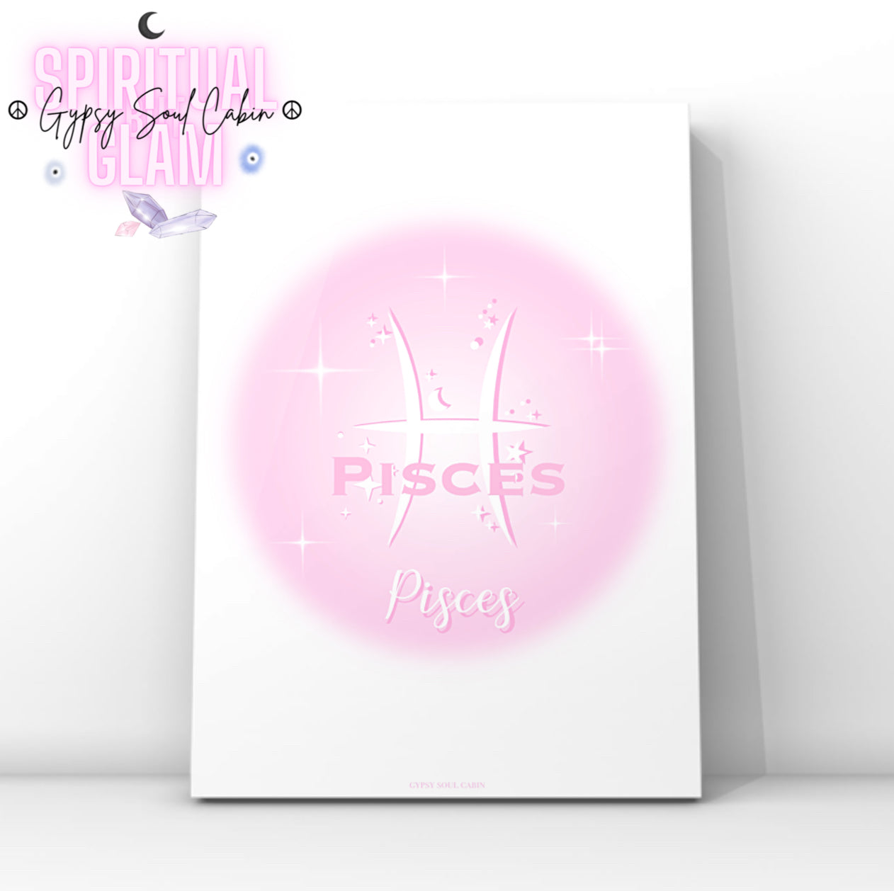 Minimalist typography print featuring the Pisces zodiac glyph centred with celestial star sparkles over a soft pink gradient aura halo.