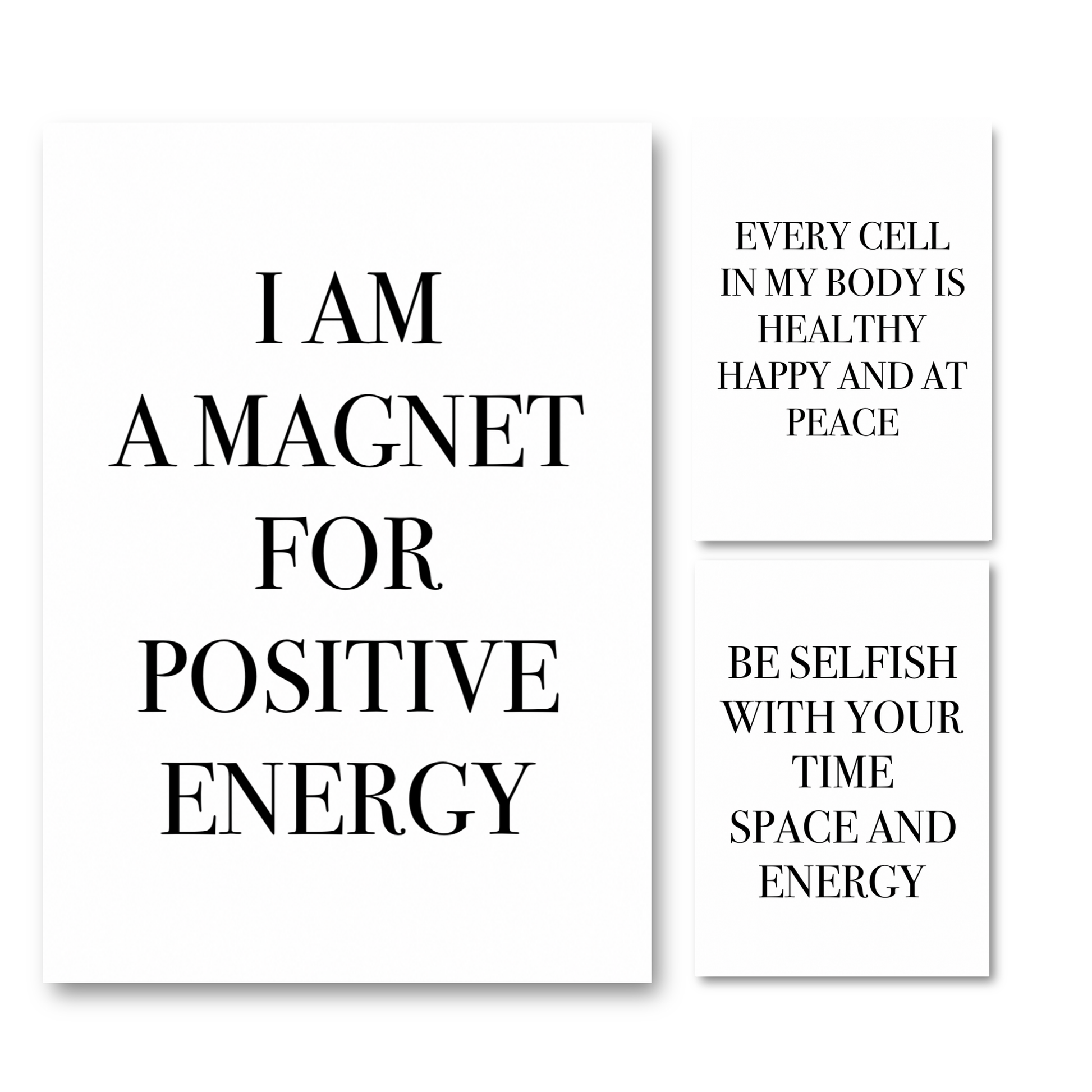 Set of three minimalist black and white typography wall prints featuring quotes about attracting positive energy, full-body healing, and setting boundaries with your time.
