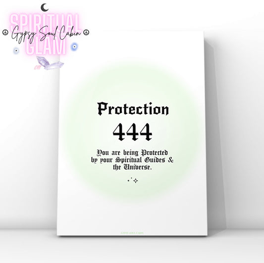 Minimalist A4 spiritual wall art print featuring a soft green aura gradient background with bold black gothic typography reading Protection 444 and a divine protection message block.