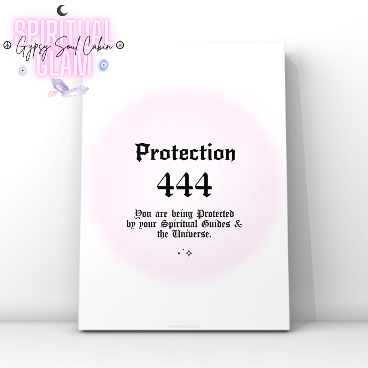 Minimalist A4 spiritual wall art print featuring a soft pink aura gradient background with bold black gothic typography reading Protection 444 and a divine protection message block.