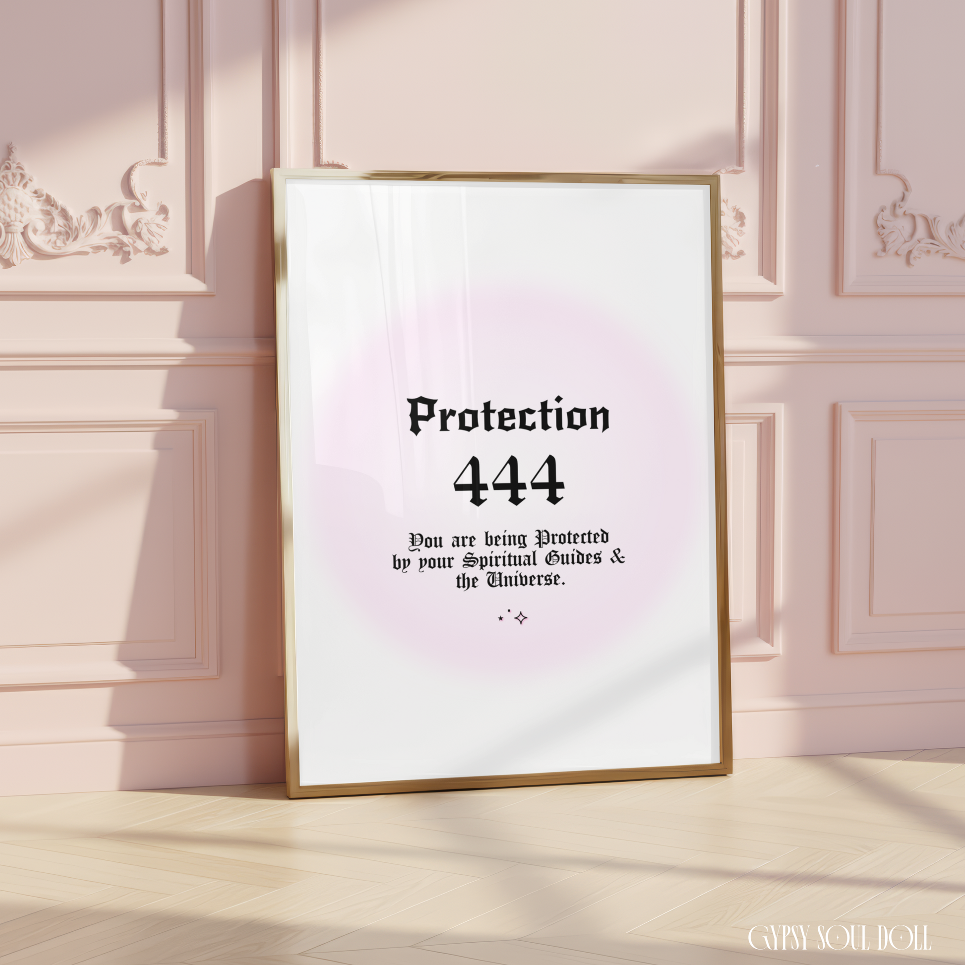Minimalist A4 spiritual wall art print featuring a soft pink aura gradient background with bold black gothic typography reading Protection 444 and a divine protection message block.