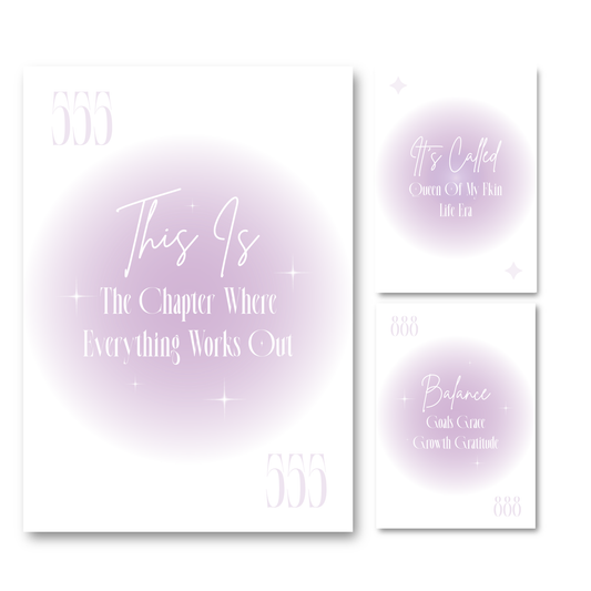 A 3-piece spiritual manifestation wall art print set featuring a soft lavender aura gradient background with white typography reading It's Called Queen Of My Fkin Life Era.