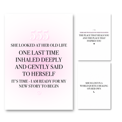 Set of three minimalist spiritual A4 typography prints focused on personal growth, the 555 angel number, and quiet emotional healing.