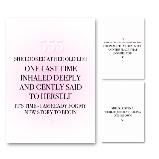 Set of three minimalist spiritual A4 typography prints focused on personal growth, the 555 angel number, and quiet emotional healing.
