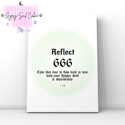 Minimalist A4 spiritual wall art print featuring a soft green aura gradient background with bold black gothic typography reading Reflect 666 and a higher self alignment guide text block.