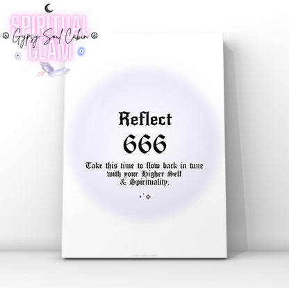 Minimalist A4 spiritual wall art print featuring a soft purple aura gradient background with bold black gothic typography reading Reflect 666 and a higher self alignment guide text block.