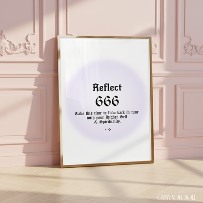 Minimalist A4 spiritual wall art print featuring a soft purple aura gradient background with bold black gothic typography reading Reflect 666 and a higher self alignment guide text block.