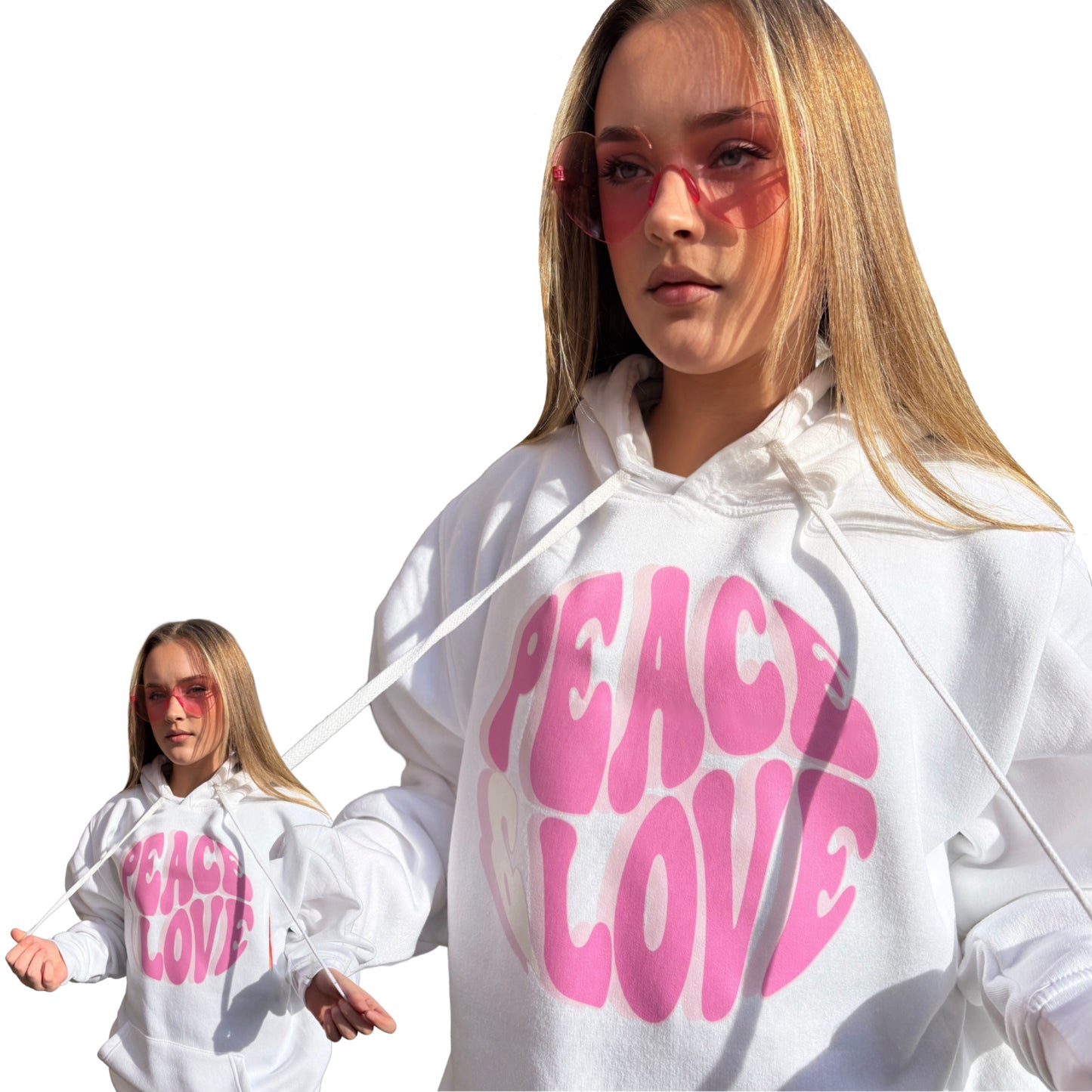 A white pullover hoodie with a large pink retro-style 'PEACE LOVE' graphic on the front, shown on a model against a white background. A smaller inset image in the lower left shows the model wearing pink-tinted sunglasses and posing with the hoodie.