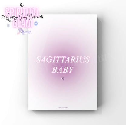 Gypsy Soul Cabin Sagittarius Baby purple gradient aura art print with aesthetic spiritual typography and a vibrant purple energy design.