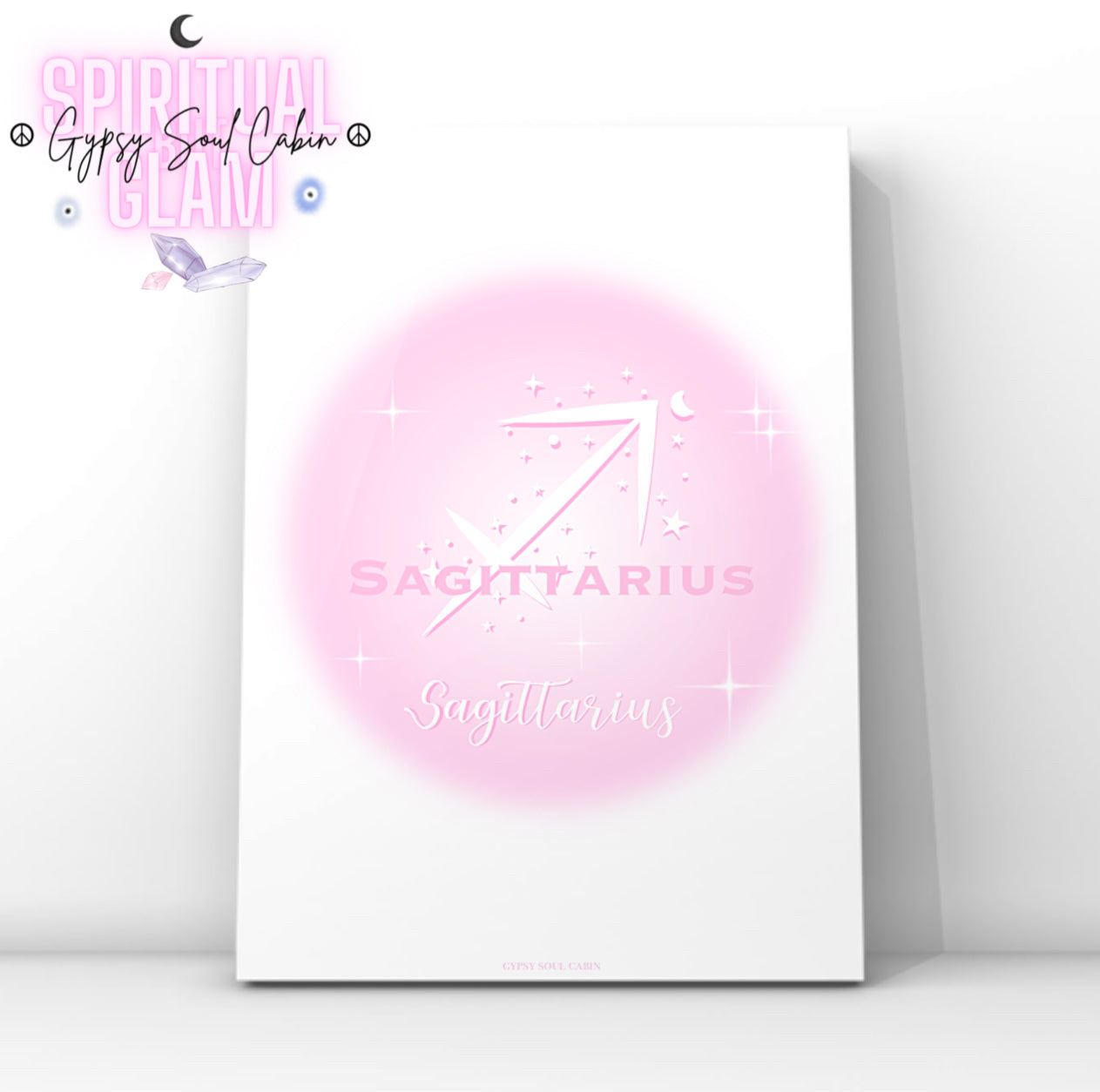 Minimalist aesthetic pink aura print featuring the Sagittarius zodiac archer arrow glyph centred with celestial stars and Y2K sparkles.
