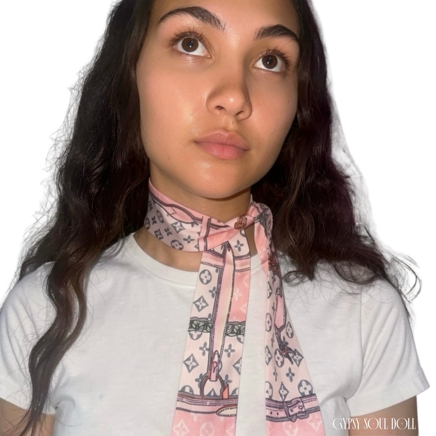 Model showcasing the Gypsy Soul Doll pink monogram skinny satin scarf wrapped elegantly as a multi-way neck tie choker styled with a white t-shirt.