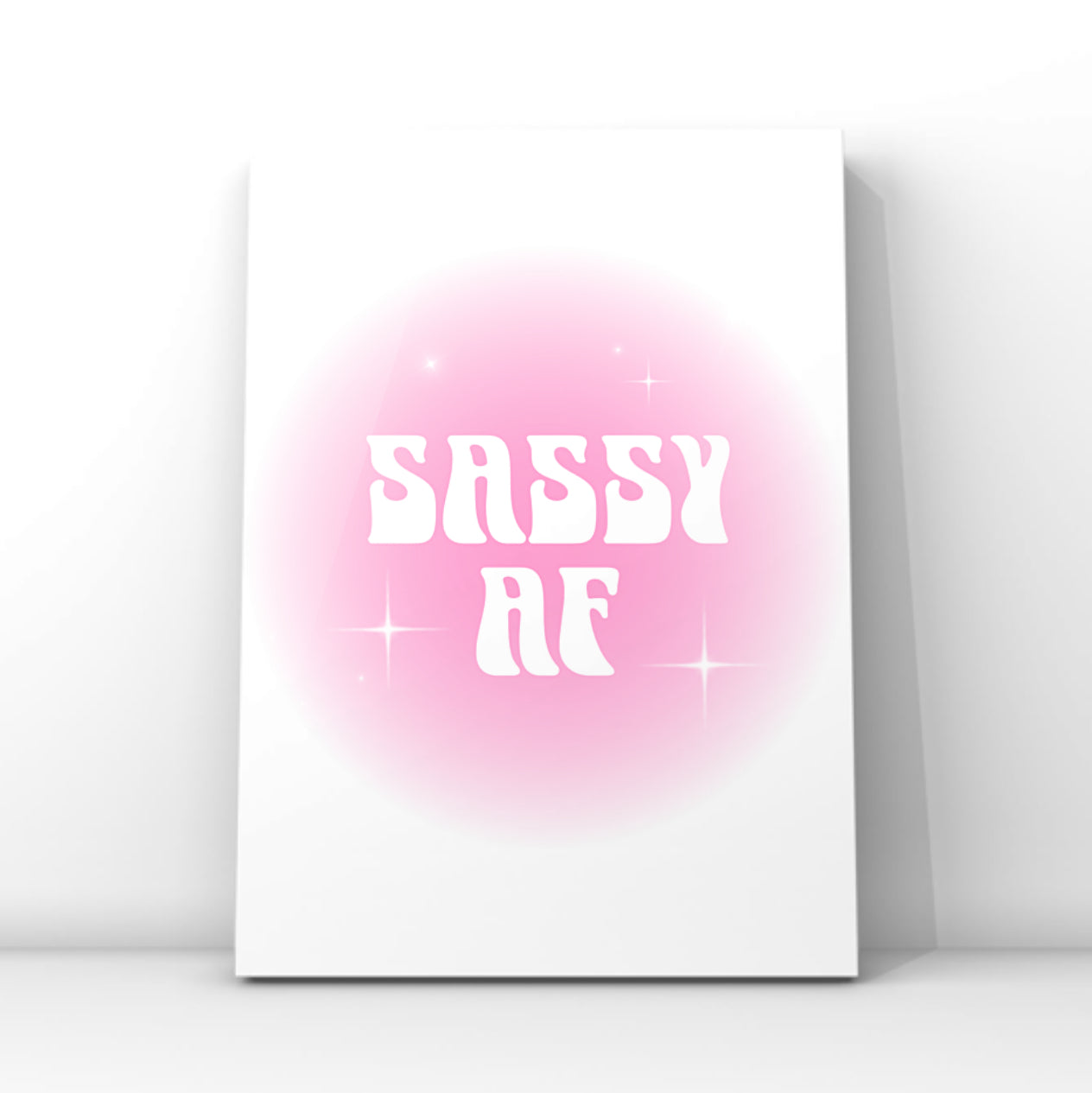 Sassy AF aura gradient typography print featuring a soft pink aesthetic glow, retro white lettering, and delicate star sparkle details on a clean white background.