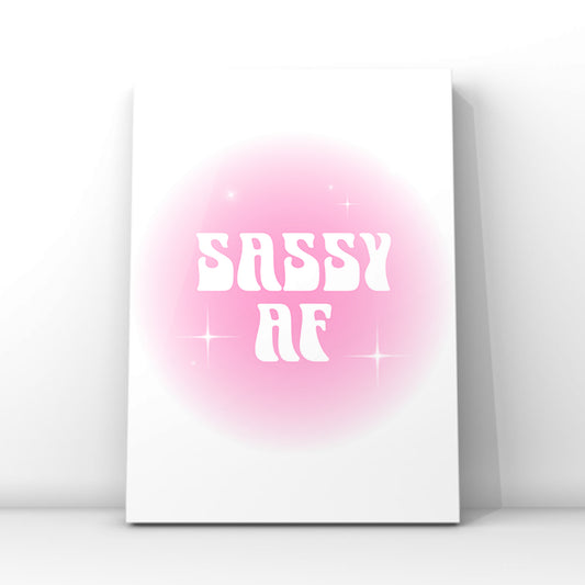 Sassy AF aura gradient typography print featuring a soft pink aesthetic glow, retro white lettering, and delicate star sparkle details on a clean white background.