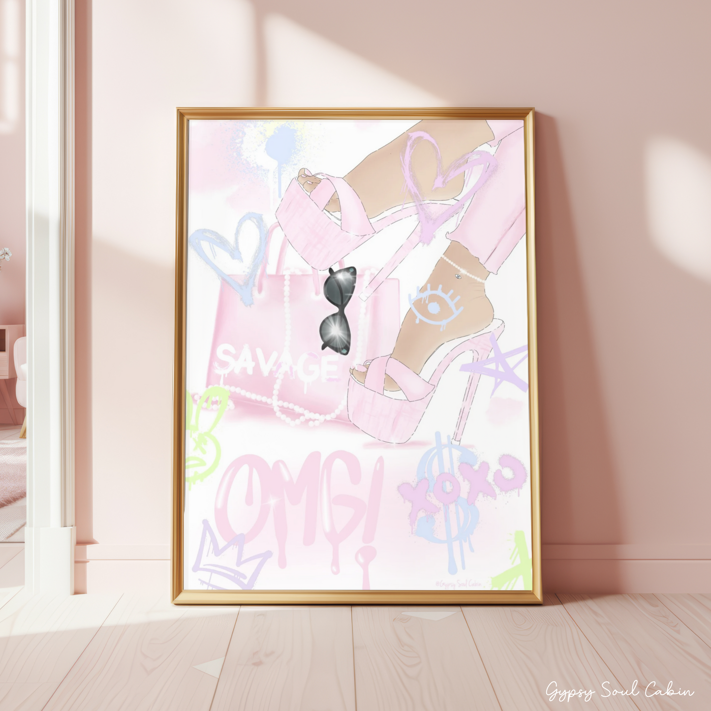 Minimalist A4 fashion print showcasing pastel pink platform high heels and a savage tote bag layered with multiple graffiti tags including a purple XOXO dollar sign, pink OMG, blue evil eye graphic, and a neon bunny scribble.