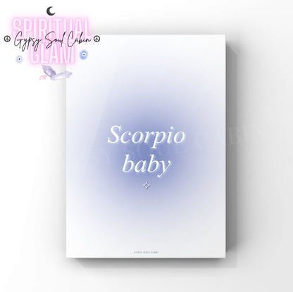 Gypsy Soul Cabin Scorpio baby blue gradient aura art print with aesthetic spiritual typography and a vibrant blue energy design.